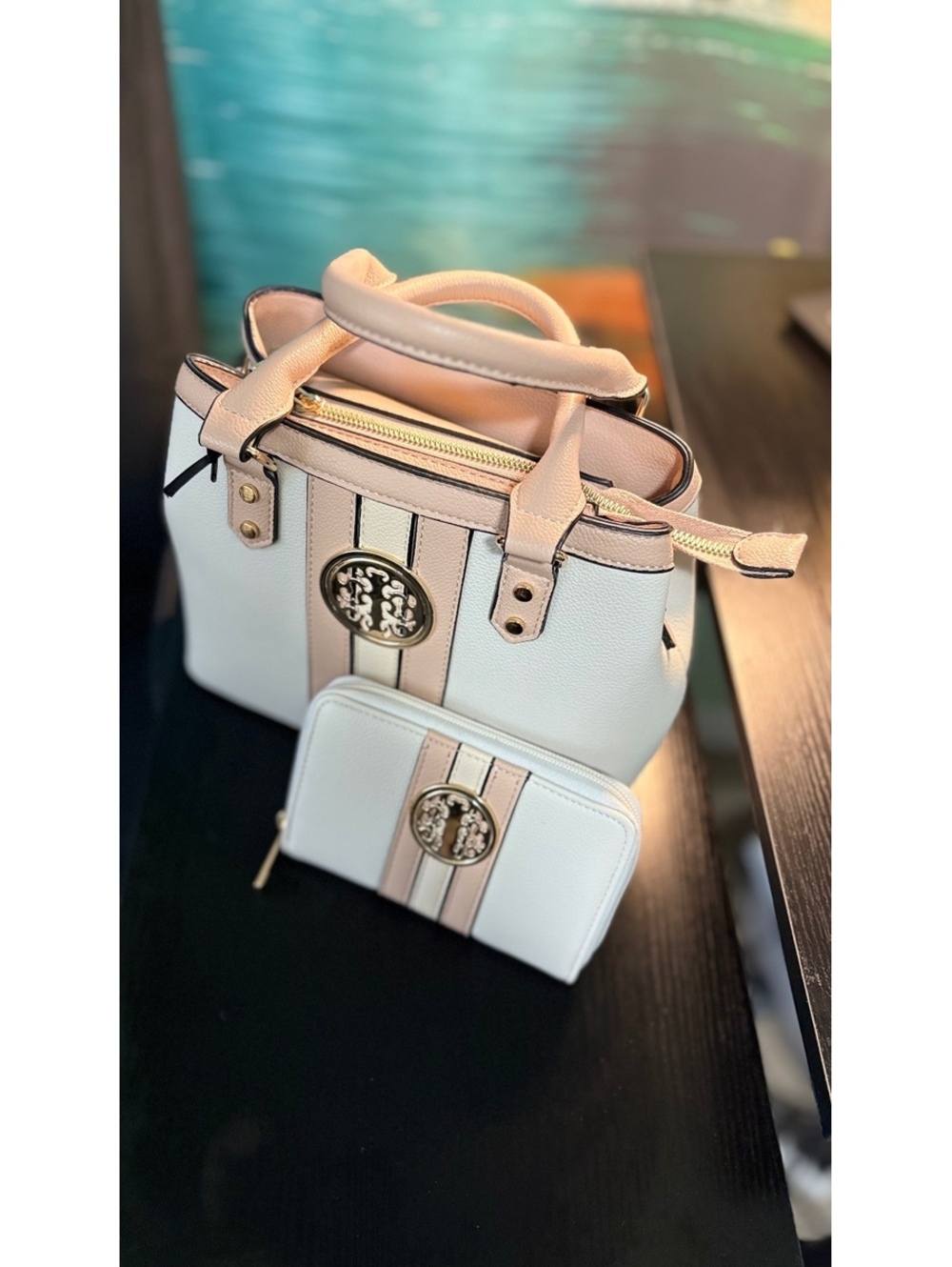 White & Blush Pink Satchel Handbag with Matching Wallet